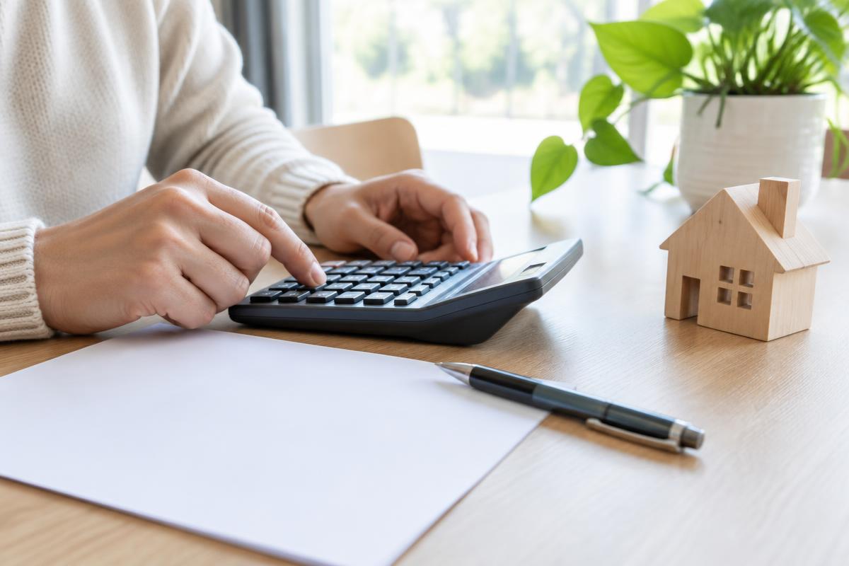 Hands using a calculator beside a pen and wooden model home