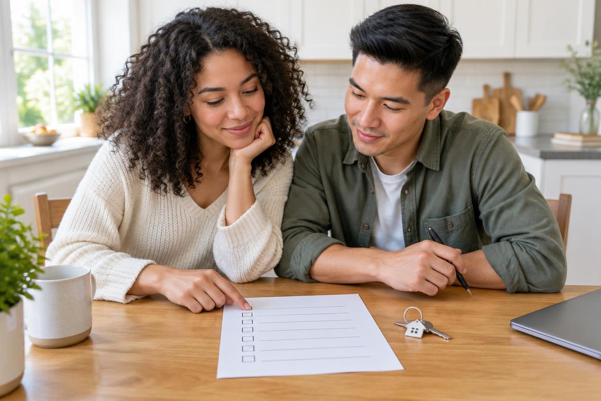 Couple reviewing a homebuying checklist at a kitchen table with house keys nearby