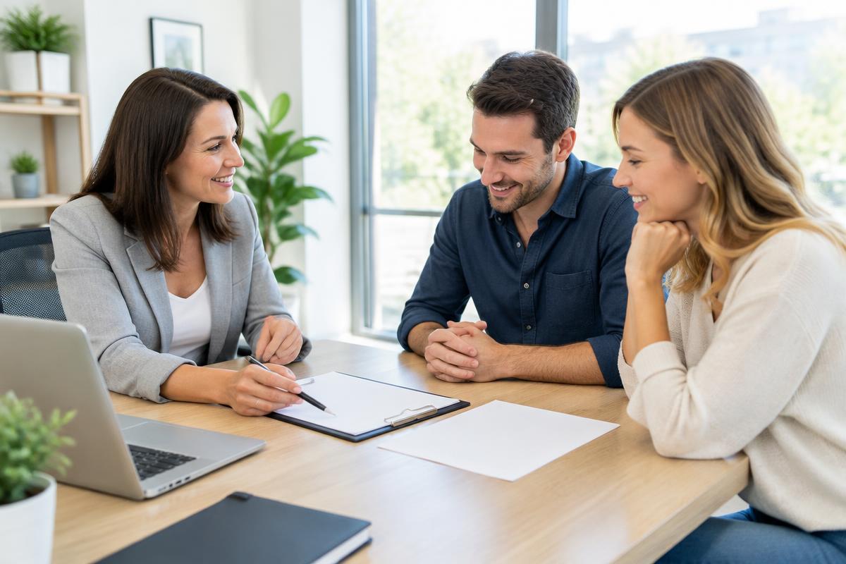 Professional meeting with home buyers to review paperwork at an office desk