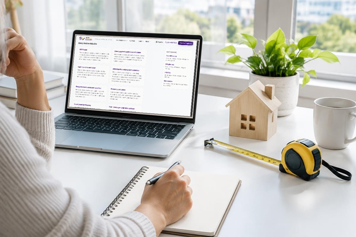 Homebuying planning workspace with a laptop, notebook, measuring tape and model house