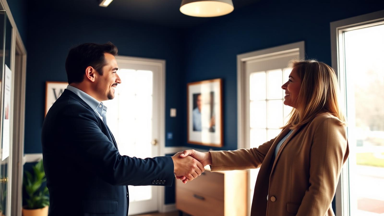 Loan officer meeting a home buyer in an office to review a down payment assistance scenario