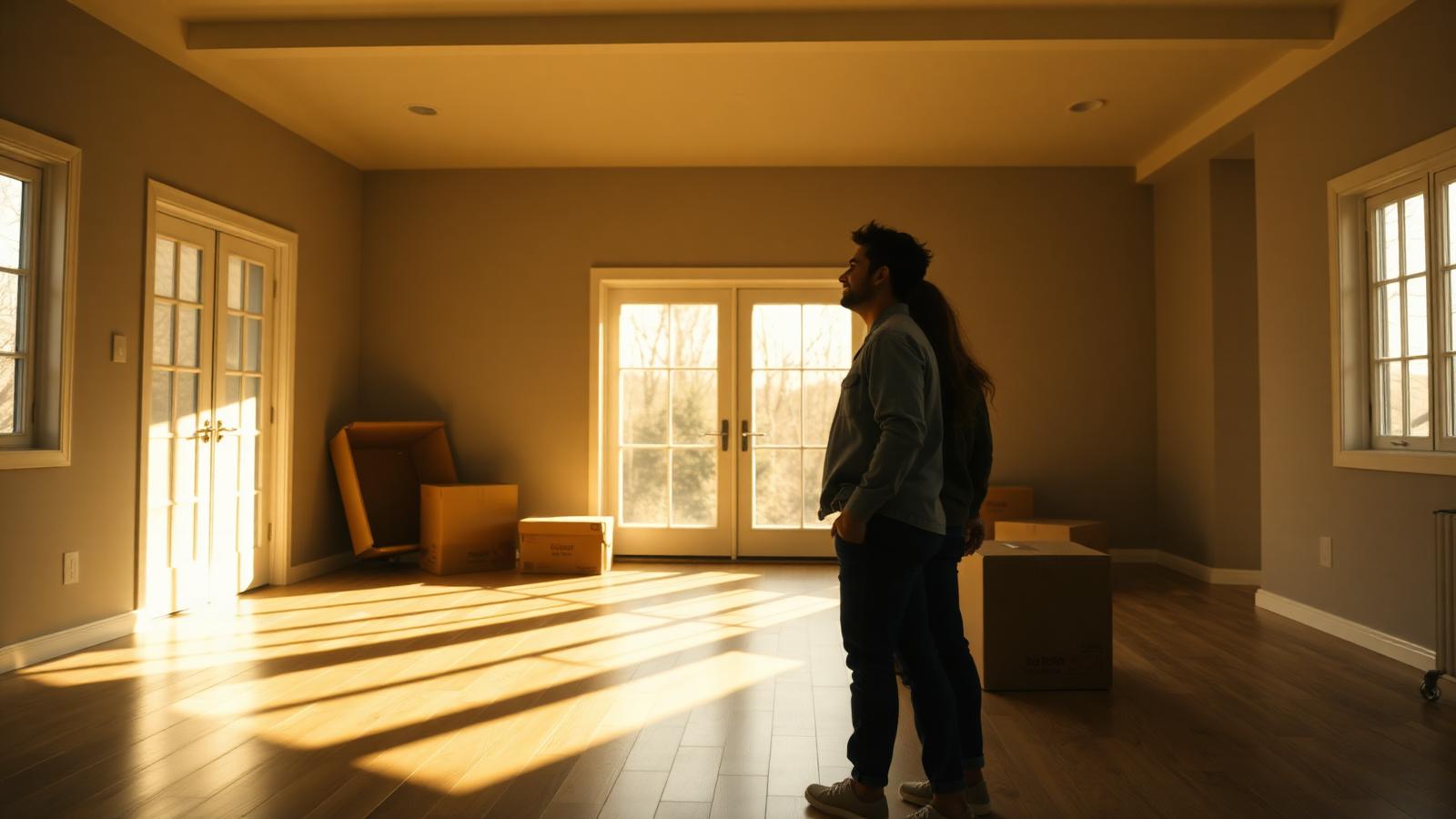 Different households — a young couple, a family and a single buyer — outside their homes