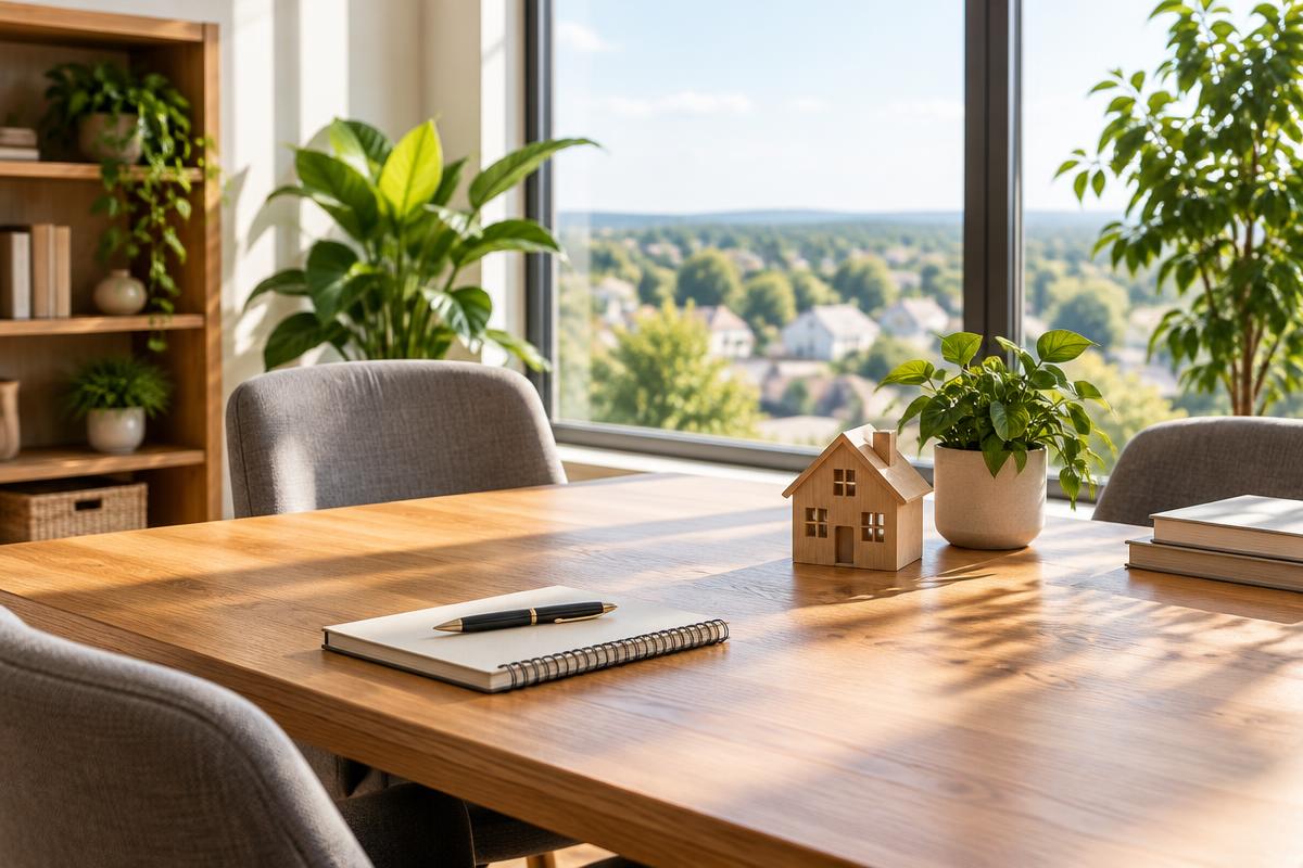 Illustrative research workspace with a notebook and model home