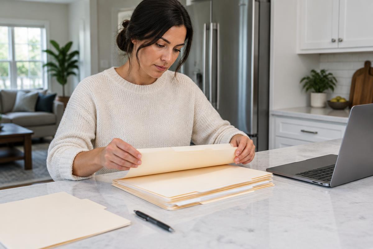 Homebuyer organizing documents in folders