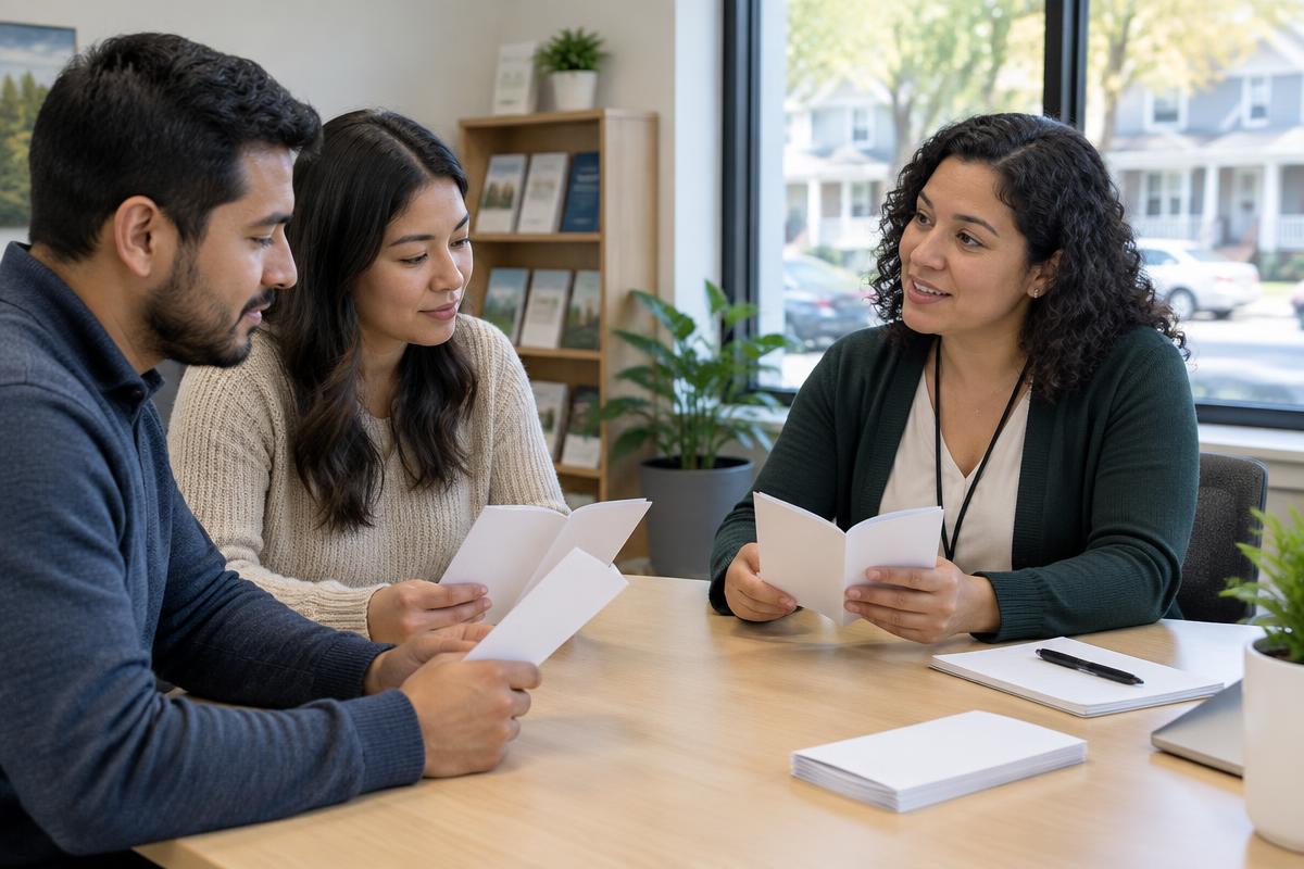Visitors discussing brochures with a housing counselor