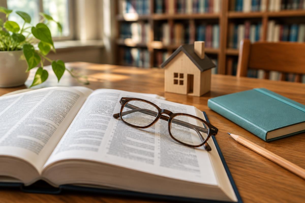 Reference book with reading glasses and a notebook