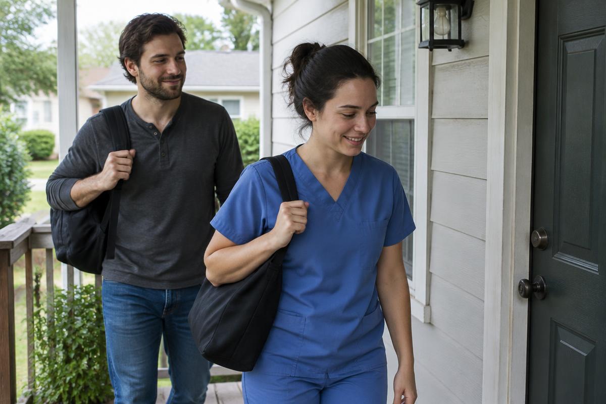 Nurse and partner arriving at a home porch