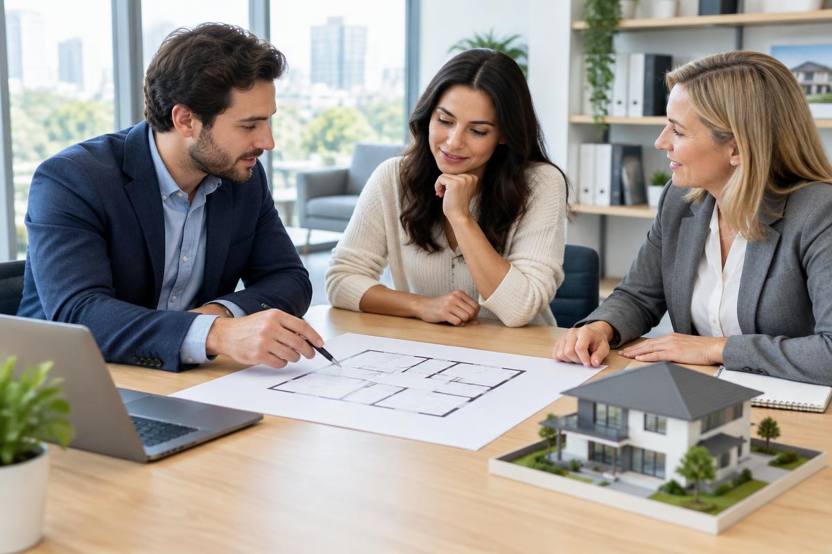 Housing professionals discussing a floor plan