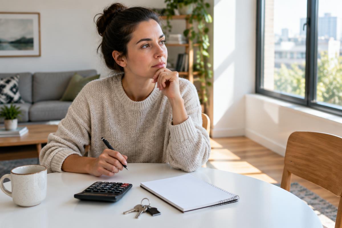 Homebuyer considering a budget with a notebook and calculator