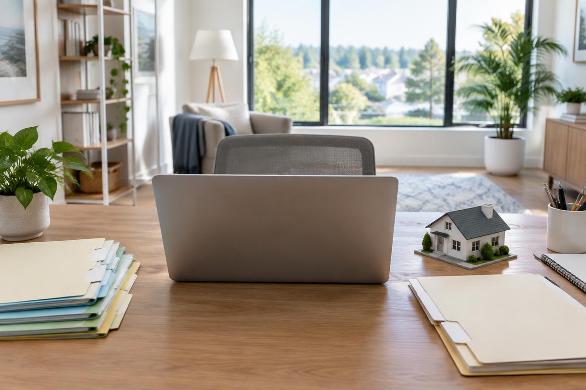 Organized home research workspace with laptop, folders and model house