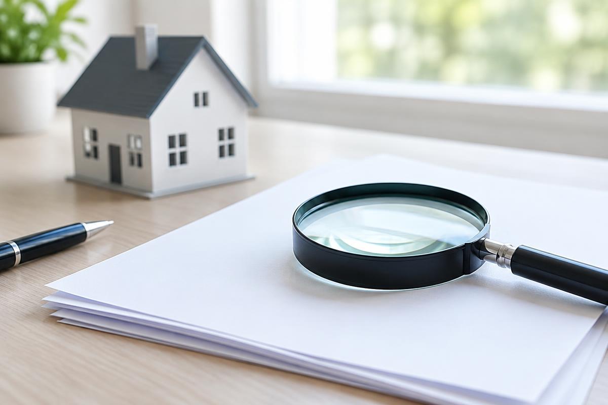 Magnifying glass over paperwork beside a model house