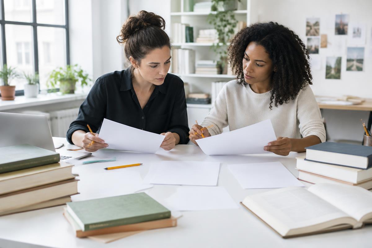 Two editors comparing reference documents