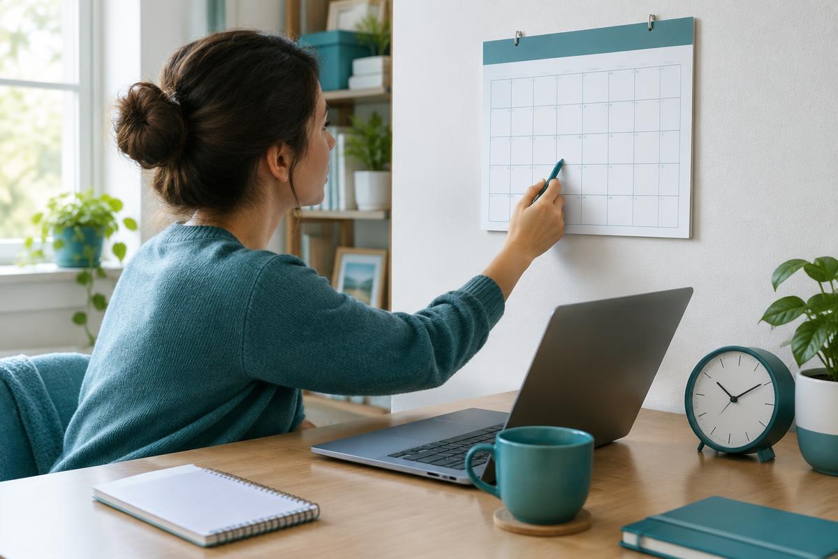 Researcher checking a calendar beside a laptop and clock