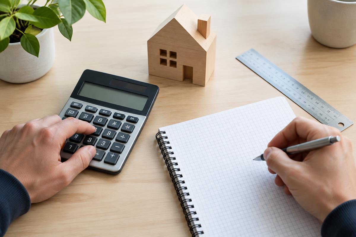 Hands checking an estimate with a calculator and graph notebook