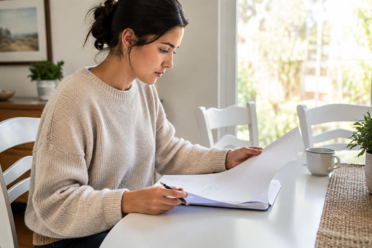 Homebuyer carefully reading paperwork at a dining table