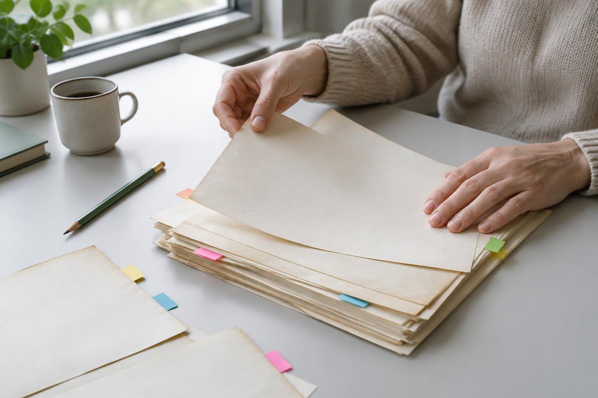 Hands reviewing research folders with colored tabs